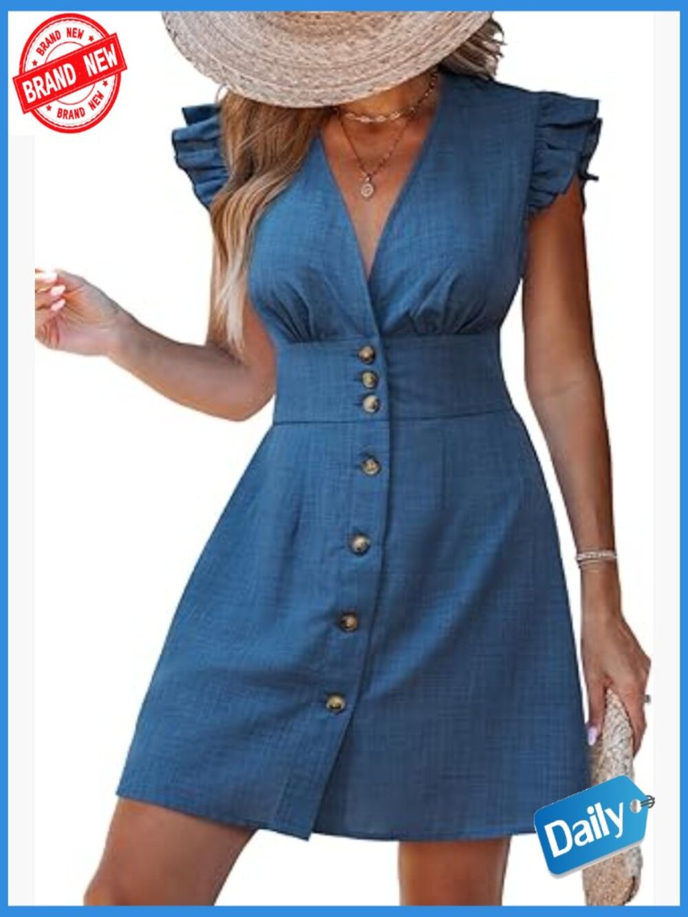 V Neck Flutter Sleeve Ruffle Button Mini Sundress Casual A-Line